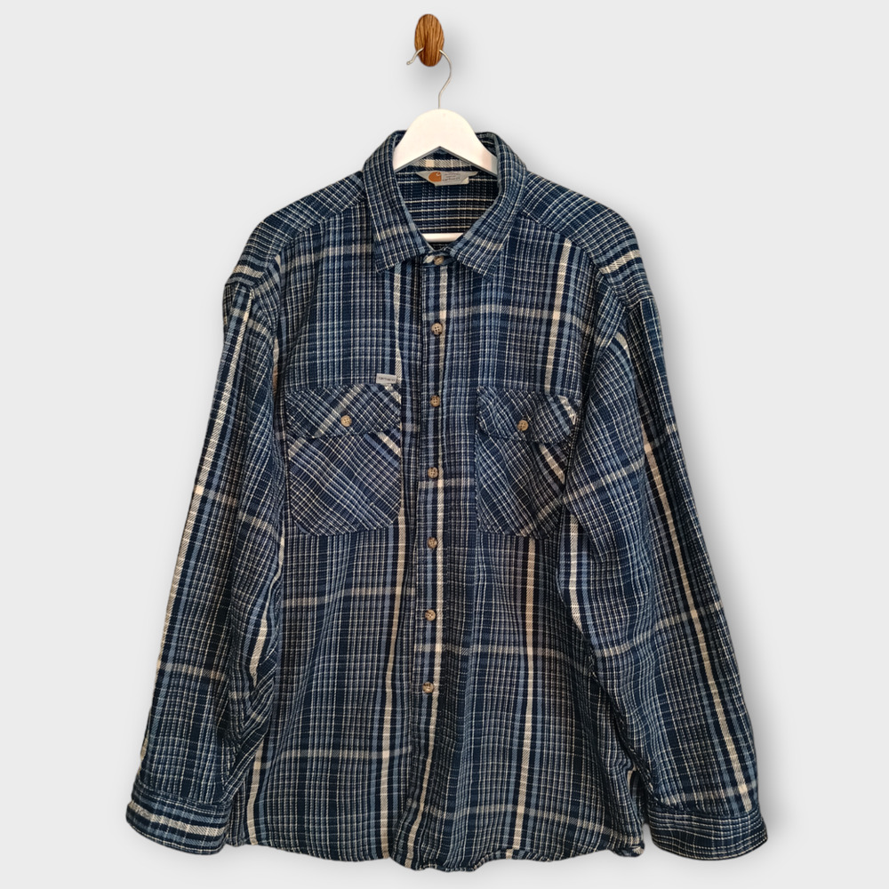 Carhartt Shirt Mens 2XL Blue & White Plaid Rugged Outdoor Wear Flannel Button Up